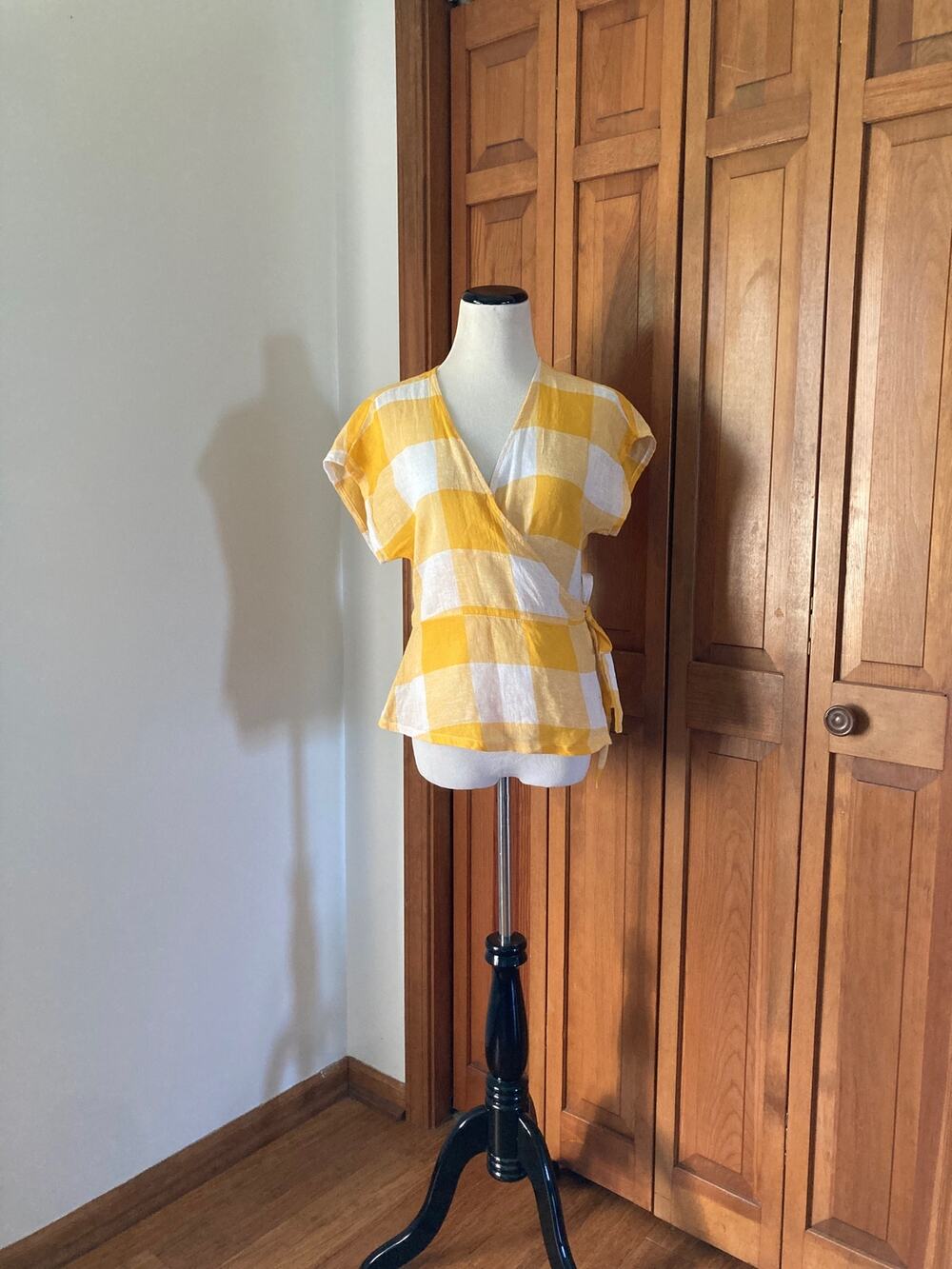 Old Navy Yellow Buffalo Check Wrap Blouse, Size XS